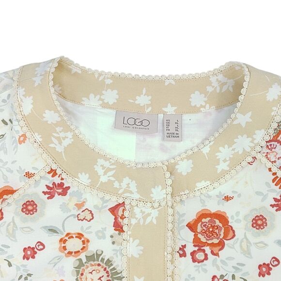 LOGO by Lori Goldstein Jacket  Collarless Floral Print Trim Snaps Lined Large - Picture 5 of 13